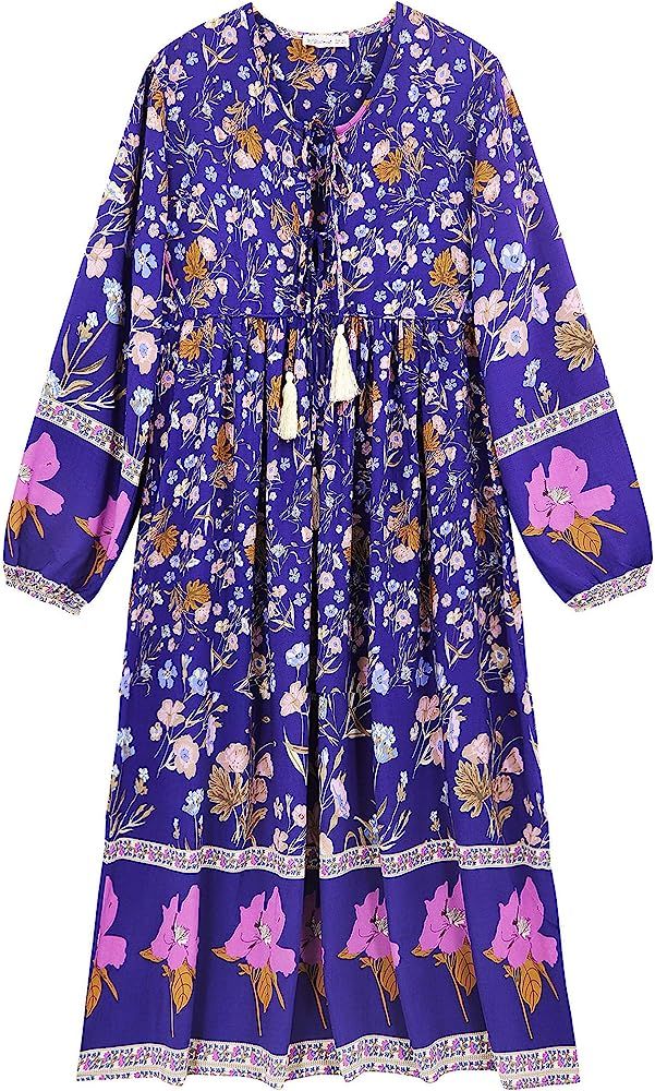 R.Vivimos Women's Long Sleeve Floral Print Retro V Neck Tassel Bohemian Midi Dresses | Amazon (US)