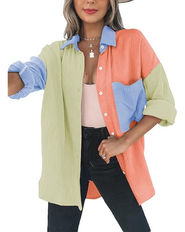 Dokotoo Womens Color Block Button Down Shirts Long Sleeve Oversized Boyfriend Blouses Tops | Amazon (US)