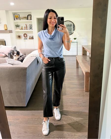 Cowboys game day outfit 🏈💙 these Abercrombie vegan leather pants are THE most comfortable ever!!! And they look great with sneakers or dressed up with pumps! Runs tts. Wearing 0/25 Short. 

#LTKstyletip