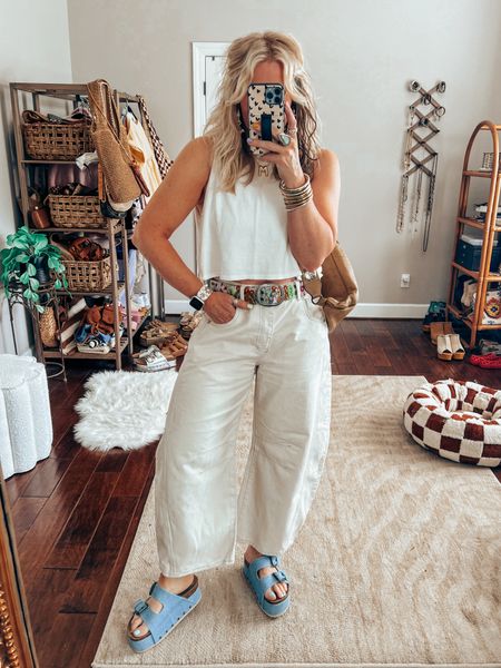 My OOTD! 
These barrel jeans are my faves from FP! I love them so much I have 5 pair now. Also the cutest white tank + added some color with my belt and denim sandals. 


#LTKStyleTip #LTKFindsUnder50 #LTKOver40