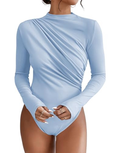SweatyRocks Women's Bodysuit Mock Neck Casual Ruched Long Sleeve Jumpsuit Blue Medium | Amazon (US)