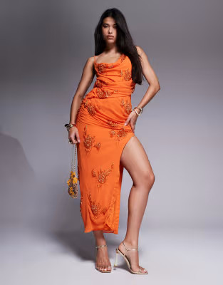 ASOS DESIGN embellished flower drape cutout maxi dress in orange | ASOS (Global)
