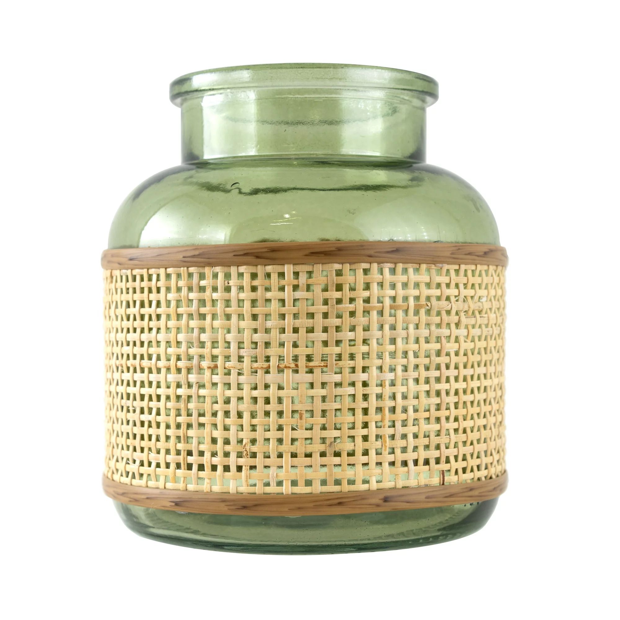 6" Green Translucent Glass Indoor Tabletop Vase with Natural Rattan Caning Wrap | Walmart (US)