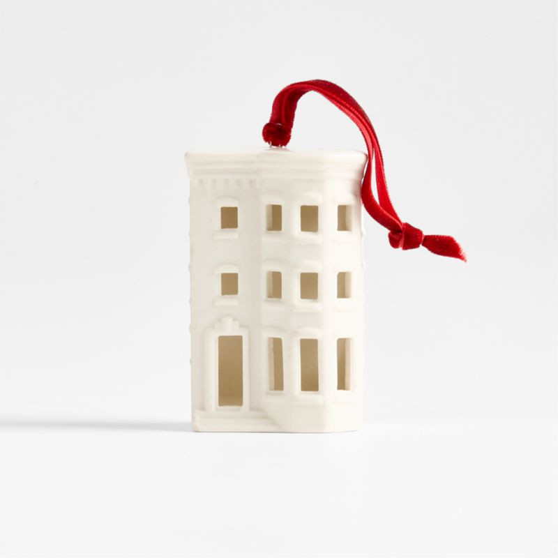 Ceramic White Brownstone with Bay Window Christmas Tree Ornament | Crate & Barrel | Crate & Barrel