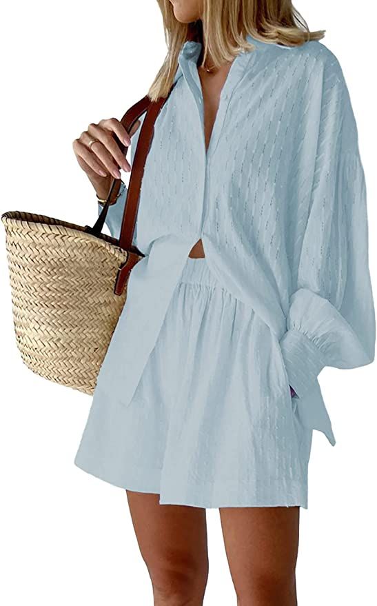Fixmatti 2 Piece Casual Outfits Long Sleeve Button Down Shirt and Shorts Sweatsuit Sets | Amazon (US)