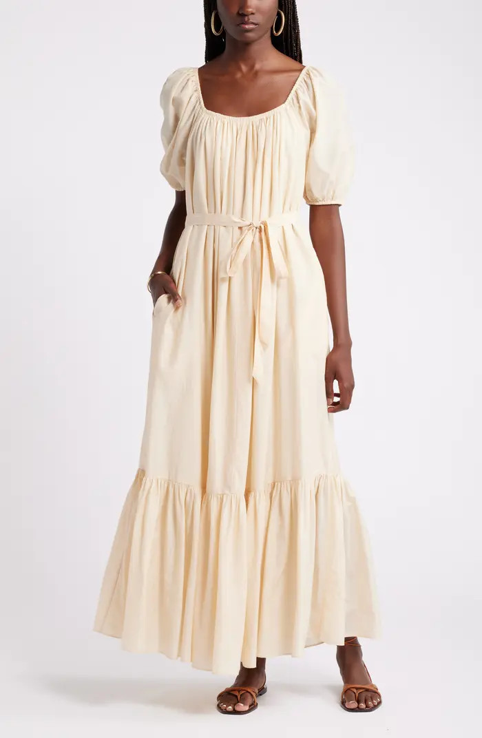 Tiered Blouson Sleeve Cotton & Silk Maxi Dress | Nordstrom