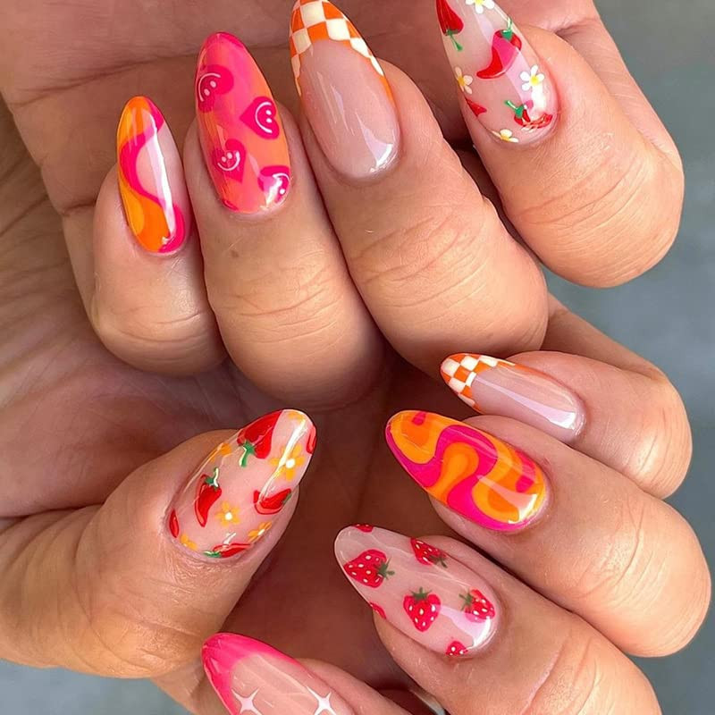 24Pcs Almond Press on Nails Medium Length Summer Style Fake Nails Glossy Glue on Nails with Desig... | Amazon (US)