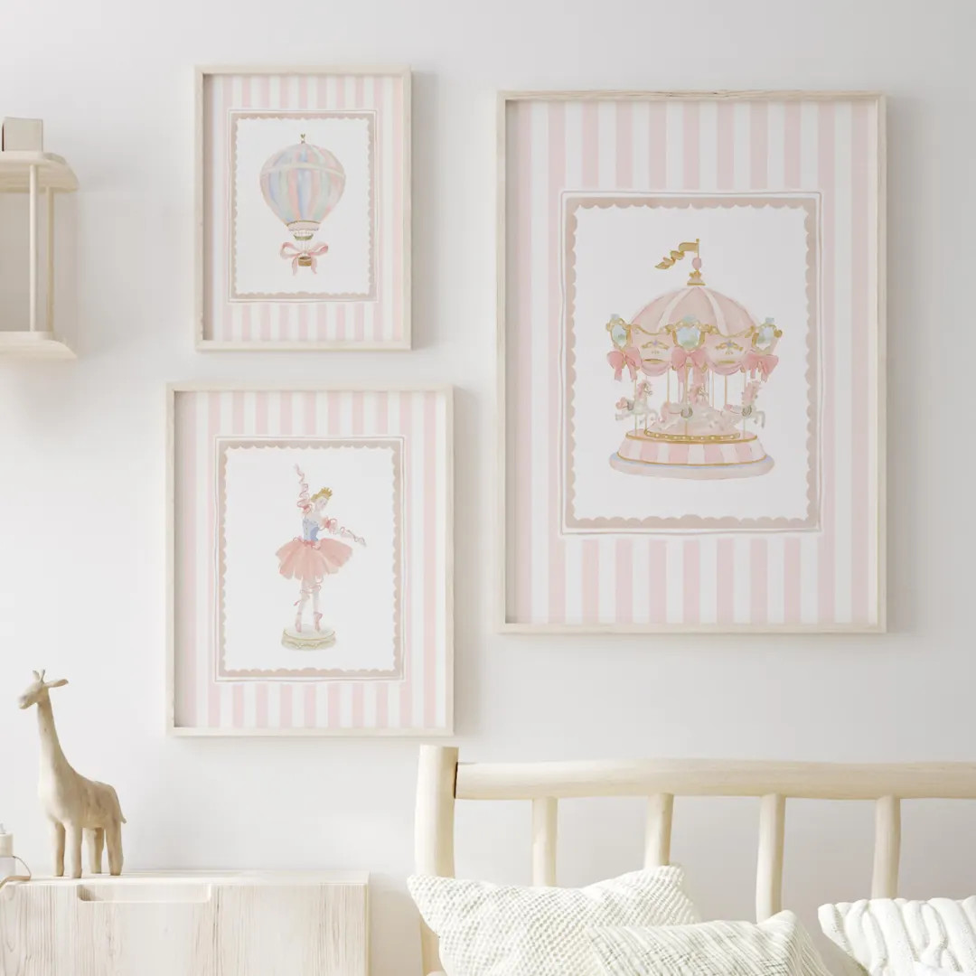Nursery Wall Art Pink Printable With Carousel Ballerina and Hot Air Balloon,pastel Ballerina Hot ... | Etsy (US)