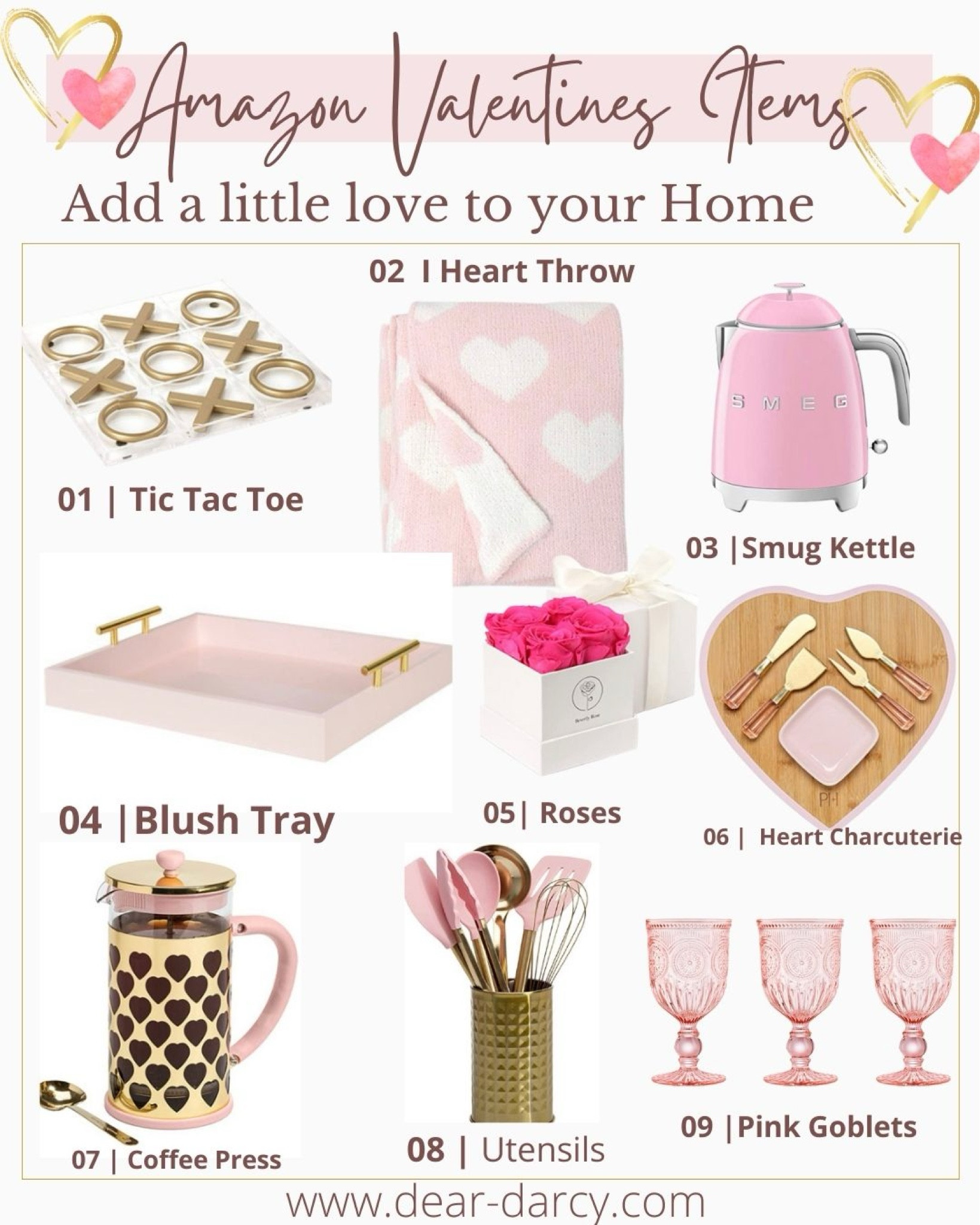 Amazon Valentines for your home💕🌸

Tic tac toe
Throw 
Smug kettle 
Pink tray 
Boxed Rose 
Heart charcuterie 
Coffee press
Utensils 
Pink goblets 

#LTKSaleAlert #LTKSeasonal #LTKHome