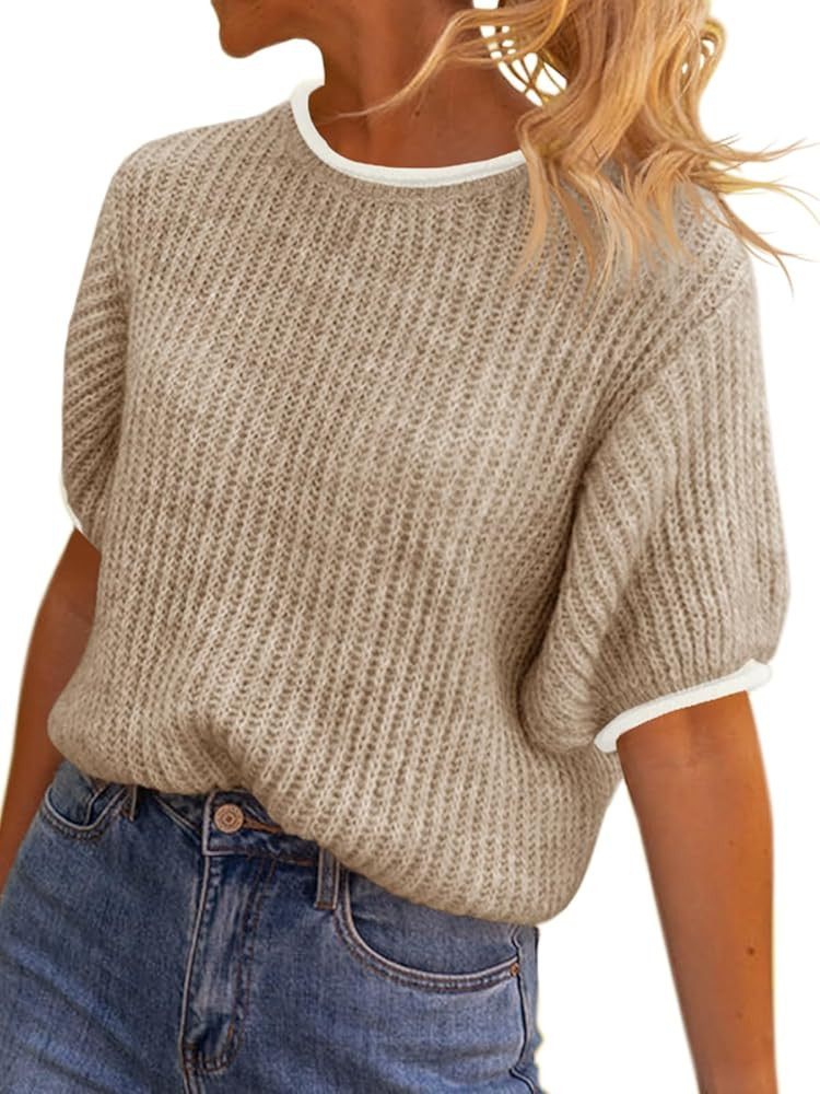 Womens Puff Short Sleeve Sweater Tops Spring Summer Color Block Ribbed Knit Crew Neck Going Out S... | Amazon (US)