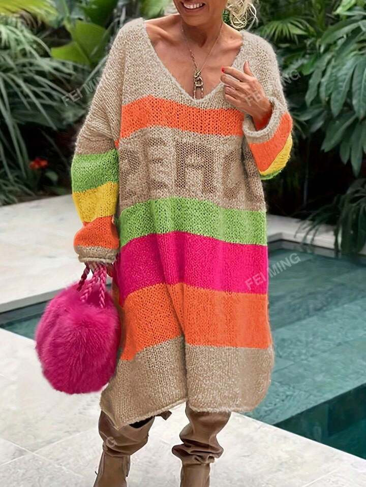 Round Neck Loose Mid-Length Knitted Sweater Dress With Rainbow Stripes And Letters | SHEIN