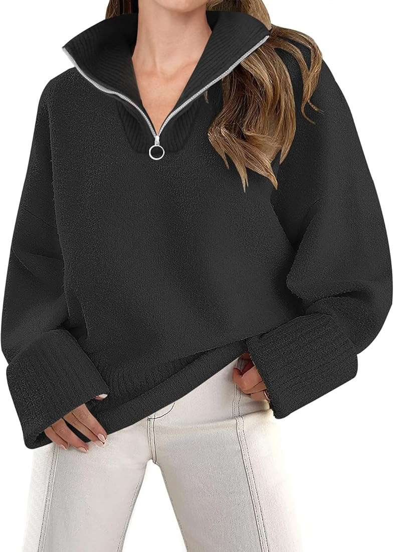 ZESICA Women's Winter Long Sleeve 1/4 Zipper V Neck Loose Fuzzy Knitted Chunky Warm Pullover Swea... | Amazon (US)