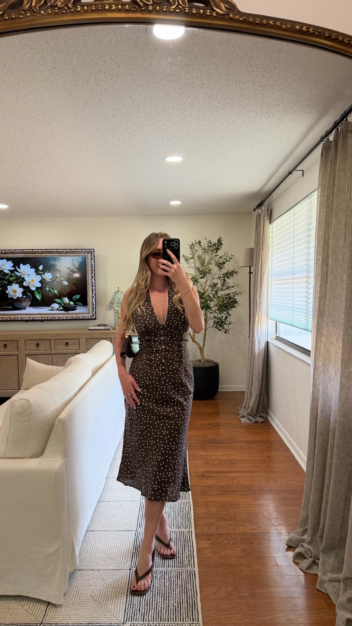100% linen brown polka dot skirt set from Amazon. Matching midi skirt and halter top. Perfect for fall 🍂