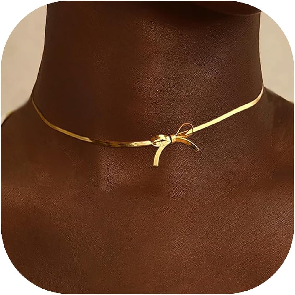Bow Necklace Gold Charm Necklace Cute Bow Choker Pendant Necklace Gold Necklace for Women Bow Jew... | Amazon (US)