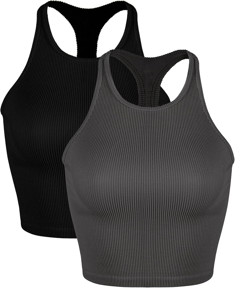 ODODOS Women's Crop 3-Pack Washed Seamless Rib-Knit Camisole Crop Tank Tops | Amazon (US)