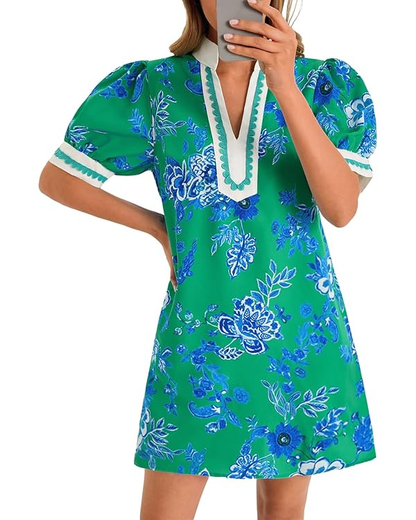 Wenrine Womens Summer Mini Dress Casual Floral Puff Sleeve V Neck Color Block Loose Boho Beach Dr... | Amazon (US)