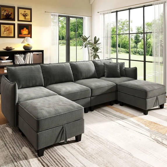 BedLuxury 112" Large Modular Sectional Sofa with 2 Movable Storage Ottoman, Cloud Couch Seats 6, ... | Walmart (US)