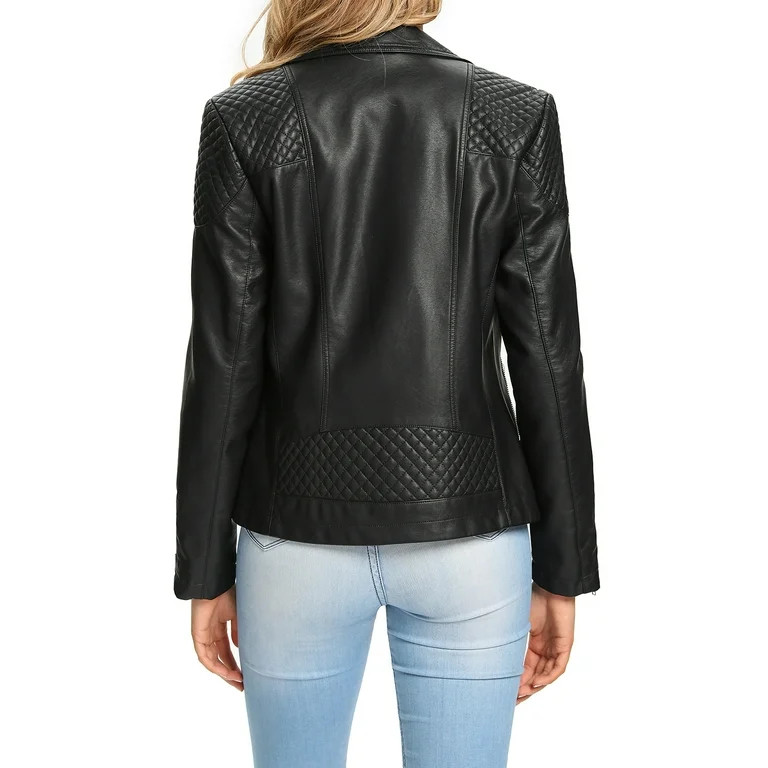 S P Y M Womens Faux Leather Jacket, Moto Biker Coat, Quilted Zip Up Outwear,Regular and Plus Size | Walmart (US)