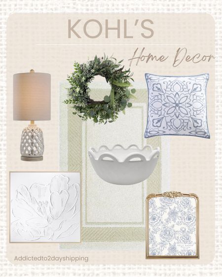 KOHL’S- Home Decor

Neutral home decor, cream and tan rug, border rug, washable rug, blue and white accent pillow, cut out woven ceramic table lamp, embroidered accent pillow, white floral canvas art, floral gold table top frame, greenery wreath, white decorative bowl, spring home decor, summer home decor

#LTKsalealert #LTKhome #LTKSeasonal