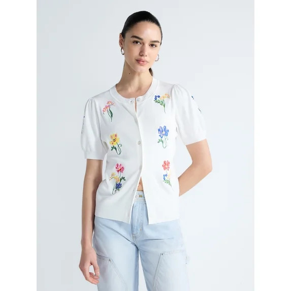 Free Assembly Women's and Women's Plus Embroidered Cardigan Sweater with Puff Sleeves, Lightweigh... | Walmart (US)