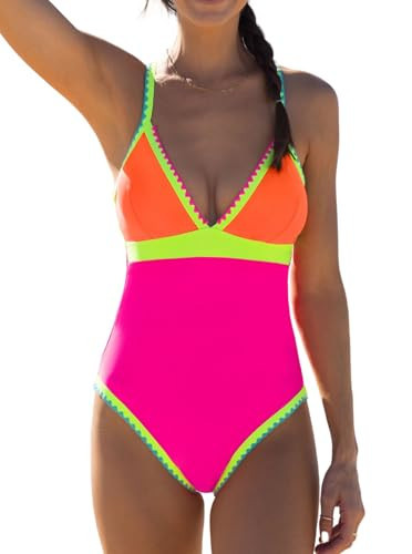 popvil Neon Color Block One Piece Bathing Suit for Women Tummy Control V Neck Swimsuit Plunge Shell Trim Swimwear Tie Back Small, Rainbow | Amazon (US)
