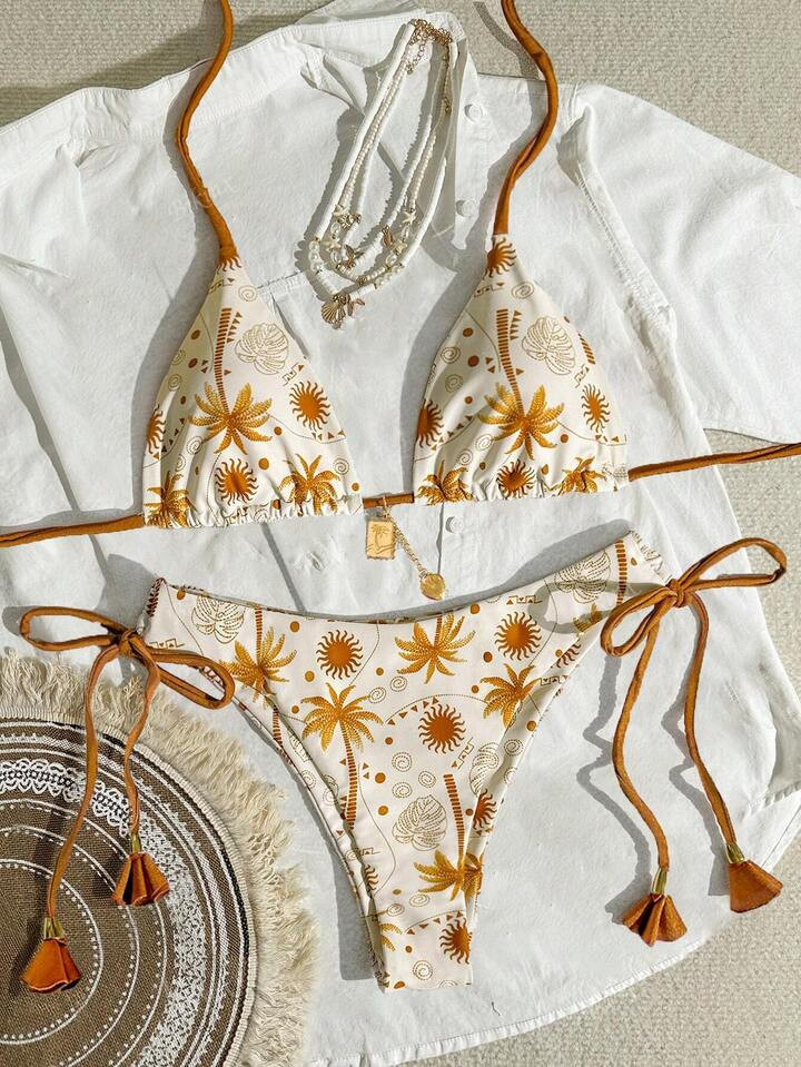 Women's Underwire Holiday Printed Triangle Bikini Tassel Lace-Up Swimwear Set | SHEIN