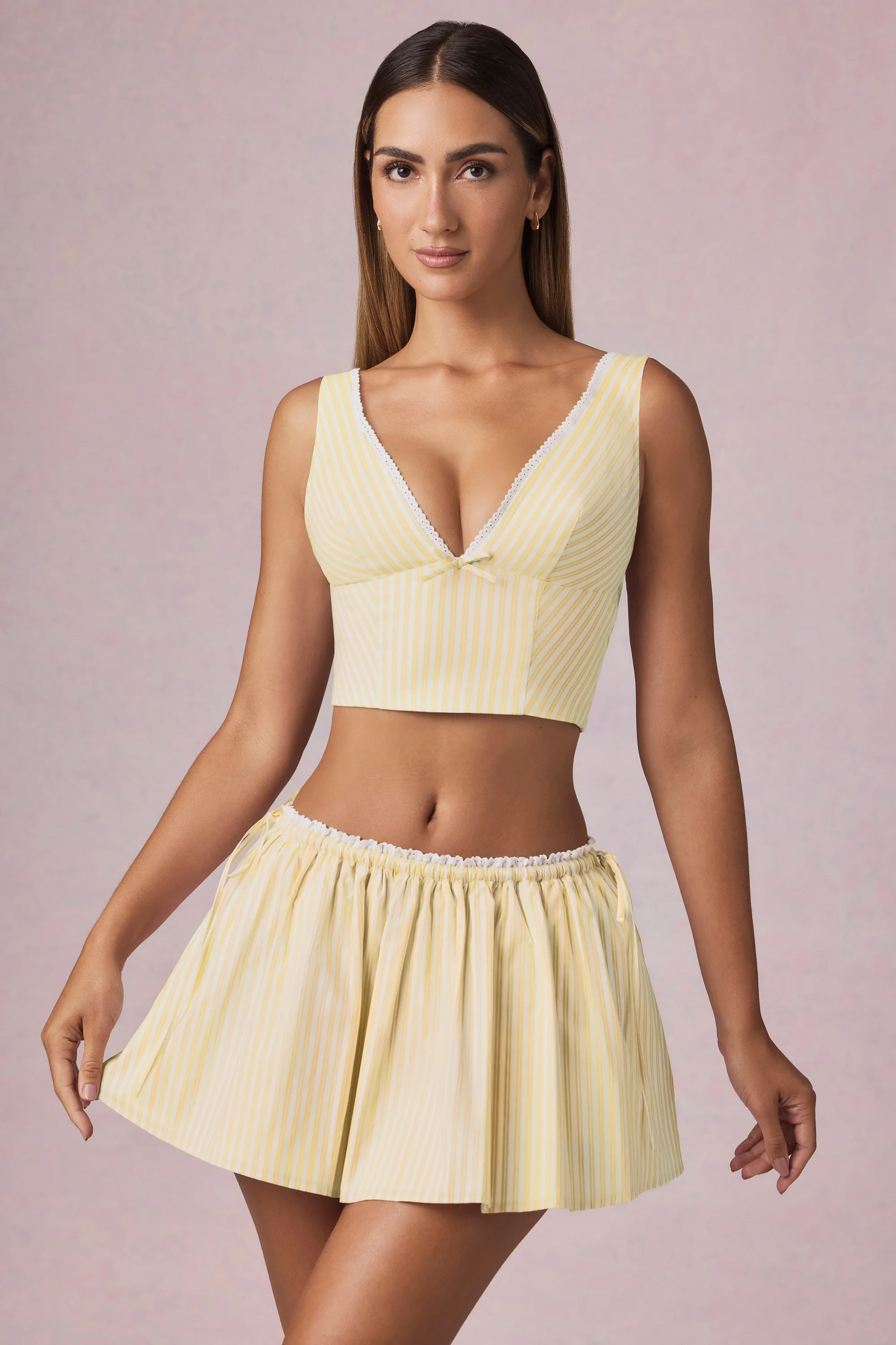 Ruched Drawstring Mini Skirt in Lemon Yellow Stripe | Oh Polly
