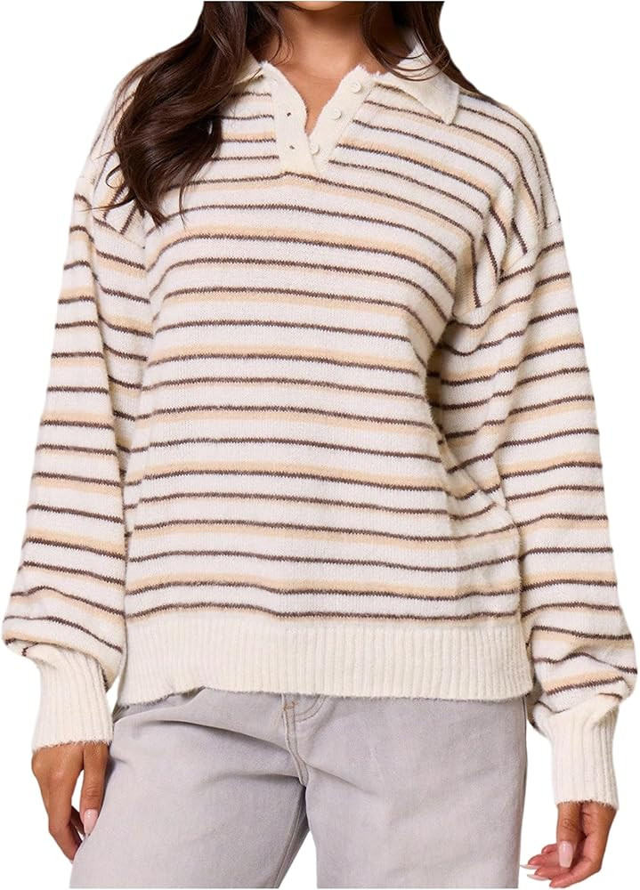 Women's Striped Lightweight Golf Sweaters Long Sleeve Collared Button Loose Fit Pullover Tops | Amazon (US)