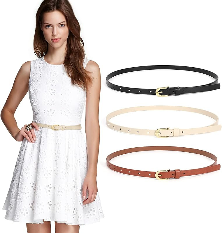 JASGOOD 3 Pack Skinny Leather Chic Belt for Women, PU Leather Thin Belt with Metal Gold Buckle fo... | Amazon (US)