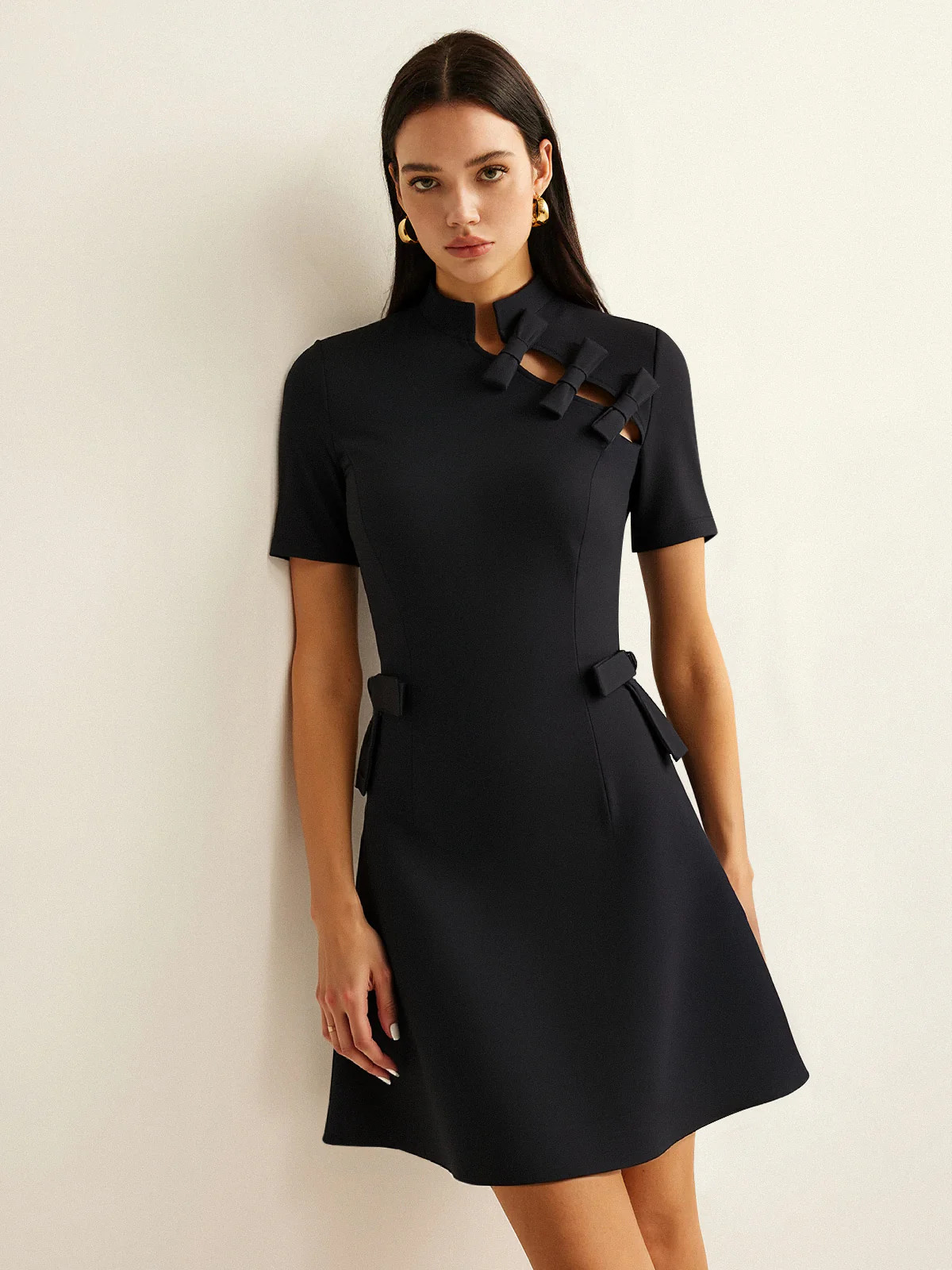 Bow Cut-Out Stand Collar Short Sleeve Dress | Commense