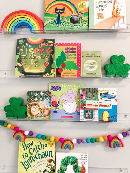 St Patricks day books, st Patricks day decor, toddler books, felt garland, acrylic shelves, rainbow garland, rainbow toys.

#LTKkids #LTKSeasonal #LTKfamily