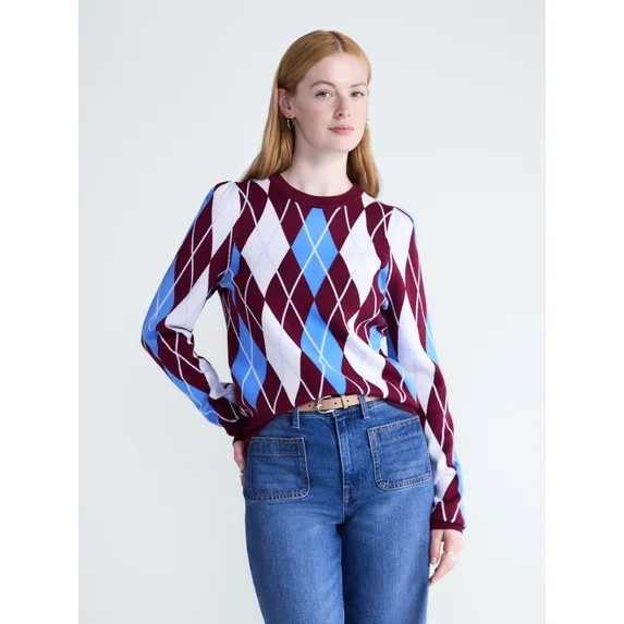Free Assembly Women's and Women’s Plus Argyle Sweater with Puff Sleeves, Midweight, Sizes XS-XX... | Walmart (US)