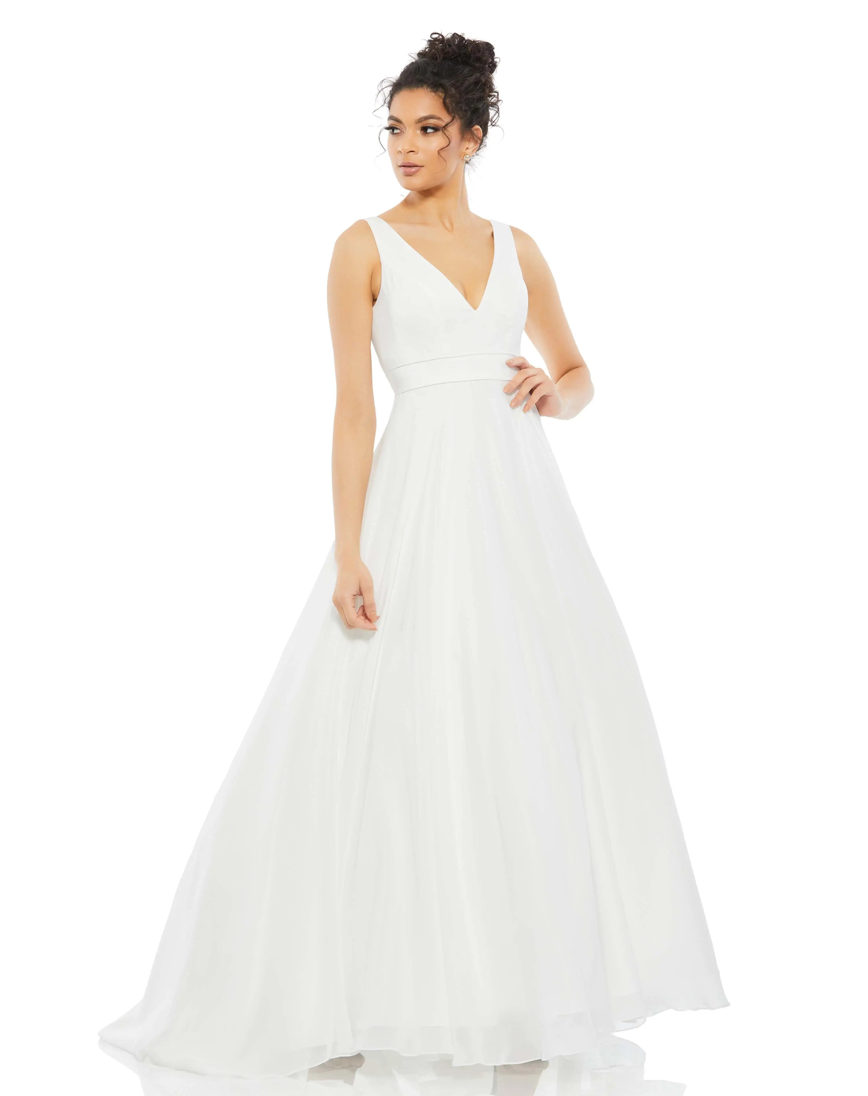 White Sleeveless V Neck Chiffon Ball Gown | Mac Duggal | Mac Duggal