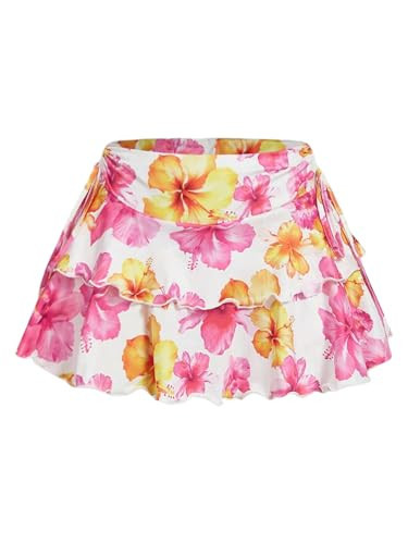 RoseSeek Women's Drawstring Bow Side Mini Skirts Tiered Layer Ruffle Elastic Waist Y2K Coquette Short Skirts Orange Pink X-Small | Amazon (US)