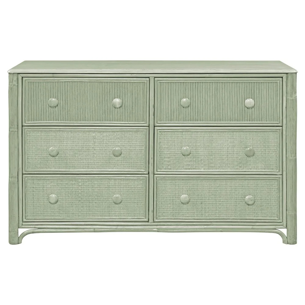 Elliana Coastal Beach Green Woven Rattan Double Dresser | Kathy Kuo Home