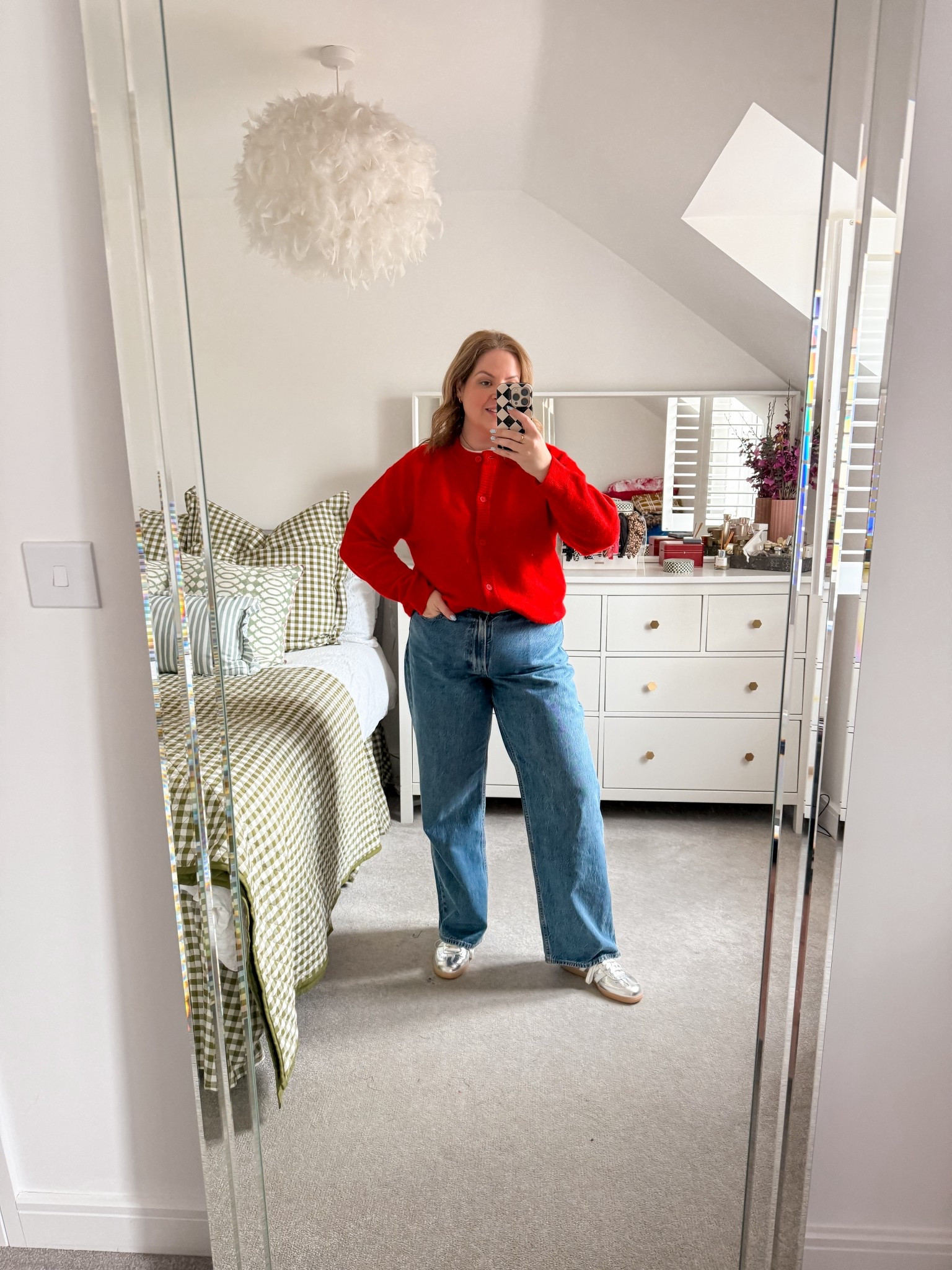 Red cardigan (size L/XL) 
White t-shirt (size L) 
Loose fit jeans (size 31r) 

#LTKsale #LTKspring #LTKmidsize