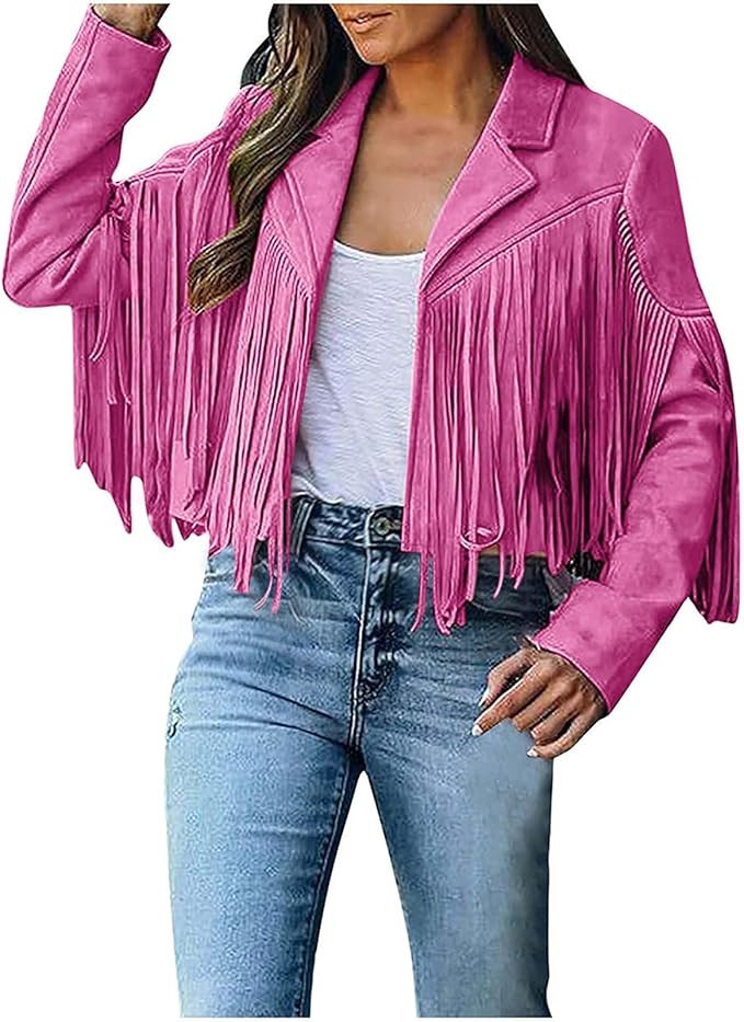 Xiaojmake Women's Fringe Jackets Faux Suede Leather Jackets Tassel Motorcycle Cropped Coats Lapel... | Amazon (US)