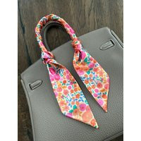 Bright Dainty Petite Pink & Orange Flowers Handbag Purse Skinny Scarf/Handle Wrap Hair Ribbon | Etsy (US)