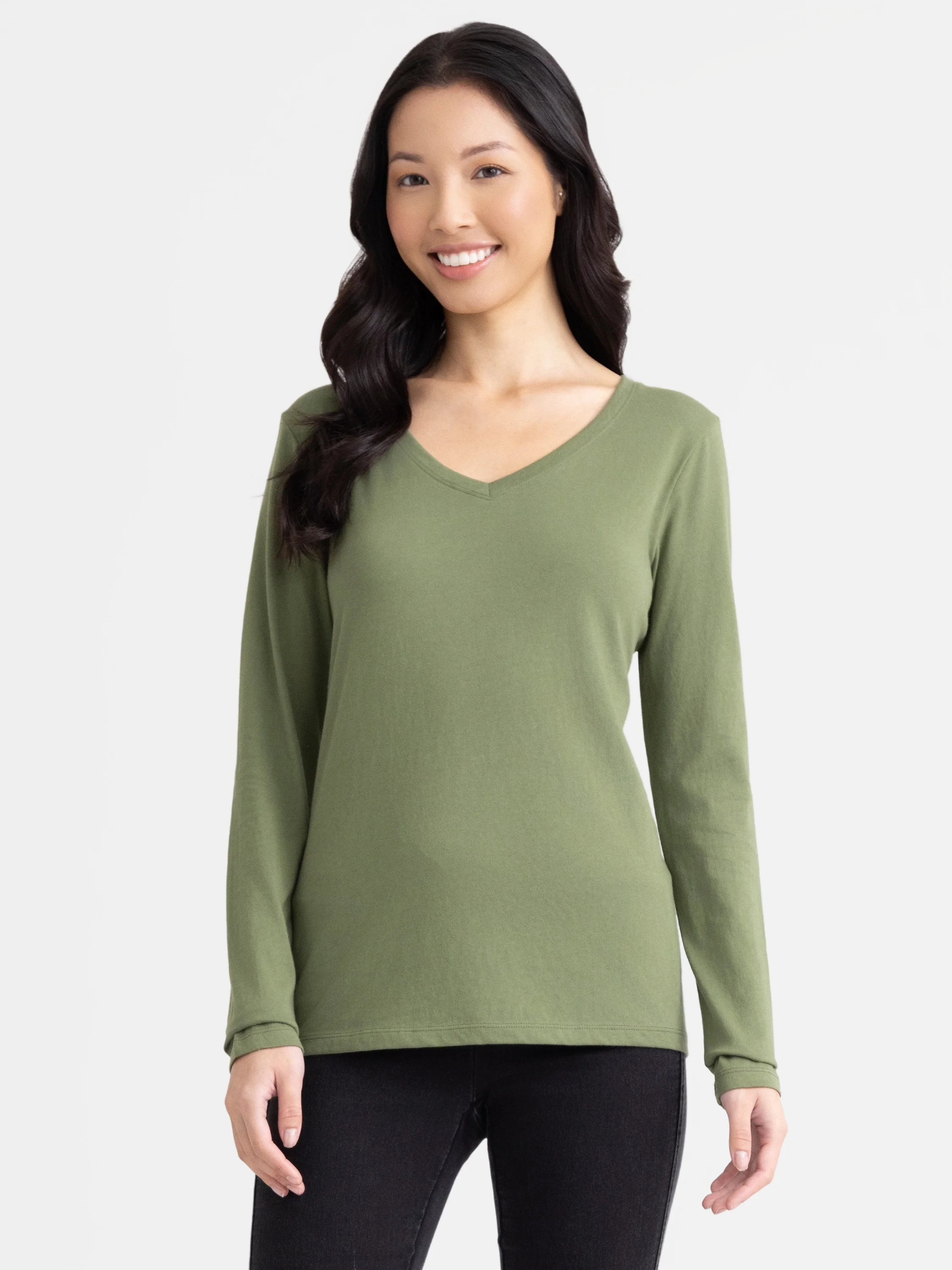 Time and Tru Women's Cotton V-Neck Tee with Long Sleeves, Size XS-XXXL | Walmart (US)