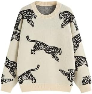 CIDER Womens Leopard Crew Neck Long Sleeve Boho Knit Sweater Casual Pullover Fall Sweater | Amazon (US)