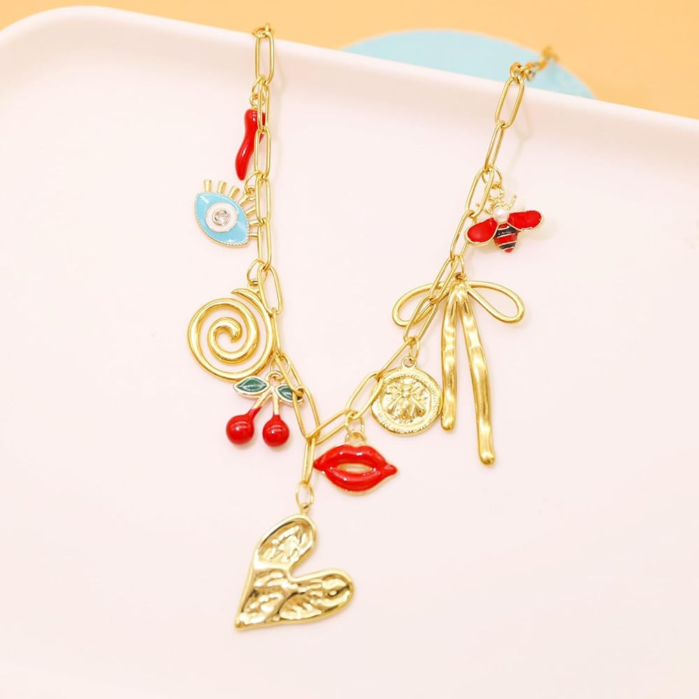 Multi Charm Necklace for Women Chunky Gold Plated Paperclip Chain Choker Necklace Heart Sun Moon ... | Amazon (US)