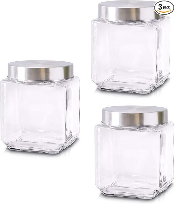 Food Storage Containers – Set of 3 Glass Jars with Stainless Steel Lids – Square Glass Contai... | Amazon (US)