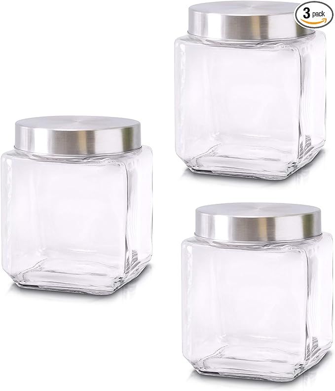 Food Storage Containers – Set of 3 Glass Jars with Stainless Steel Lids – Square Glass Contai... | Amazon (US)