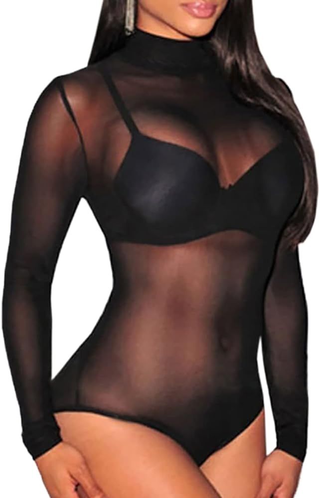 Lrady Women's Sheer Mesh Turtleneck Neck See Through Leotard Bodysuit Body Tops | Amazon (US)