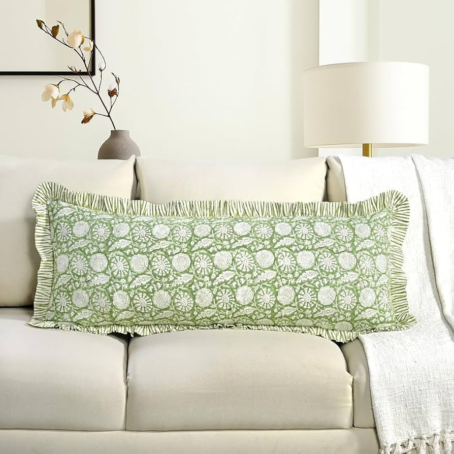 CPC Olive Bloom Hand Block Print 100% Cotton Ruffle Throw Pillow Cover 14x36 inch with Hidden Zip... | Amazon (US)