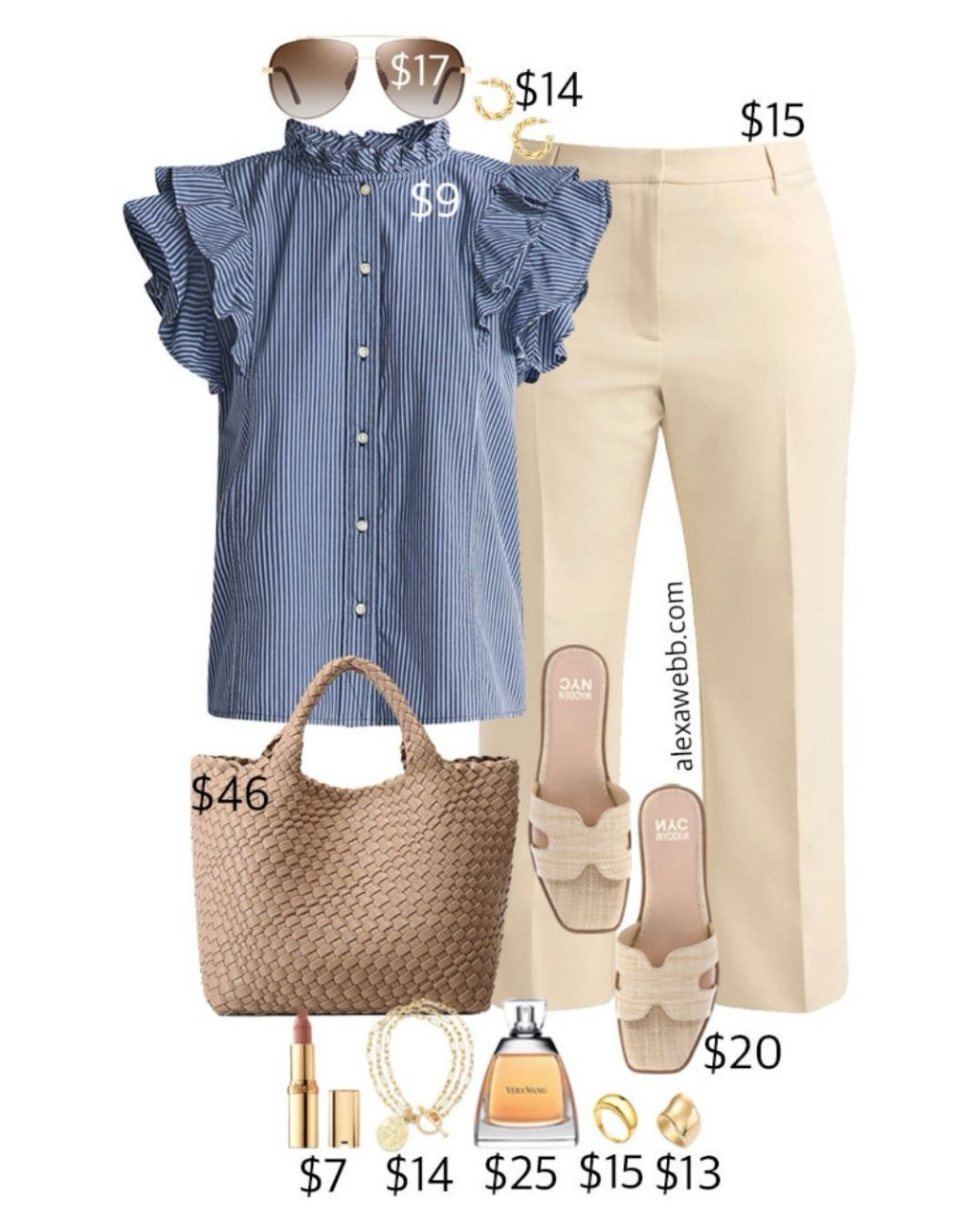 Plus Size on a Budget - Summer Work Outfits - Two plus size business casual outfit ideas for summer on a budget. A blue and white striped ruffle sleeve shirt is paired with beige trousers, and a trendy designer inspired tote. Alexa Webb #plussize

#LTKStyleTip #LTKPlusSize #LTKOver40