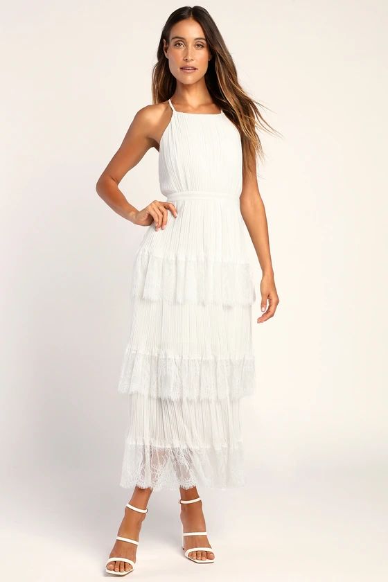 Came For Cocktails White Pleated Tiered Lace Maxi Dress | Lulus (US)
