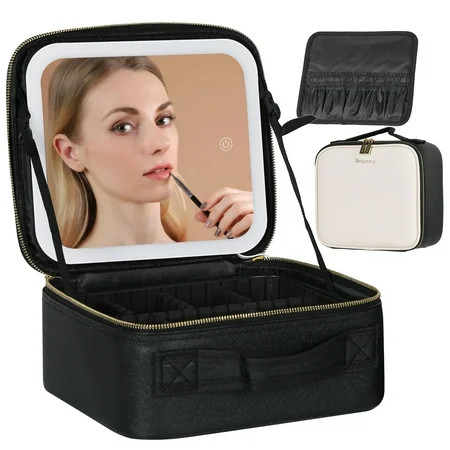 KIPOZI Makeup Bag with LED Lighted Mirror Cosmetic Bag with Adjustable Dividers Makeup Train Case... | Walmart (US)