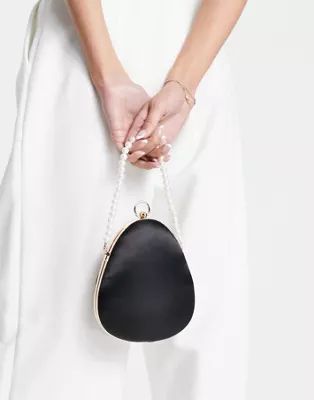True Decadence structured grab bag in black satin with pearl ring handle | ASOS (Global)