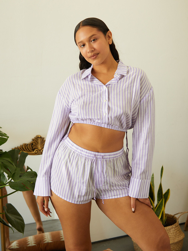 Coastal Stripe Woven Voile Sleep Crop Shirt with Drawstring in Multi & Purple | SAVAGE X FENTY | Savage x Fenty - North America